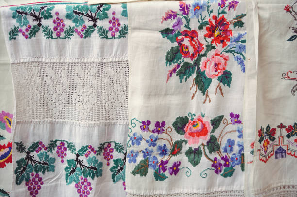 fabric with patterns, ethnic textile factory, different fabrics neatly stacked